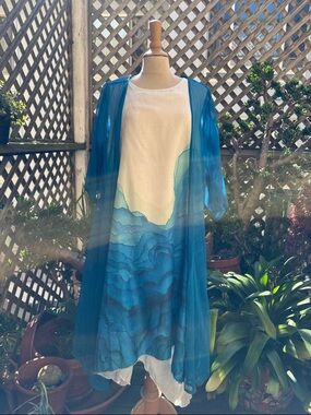 Sleeveless Dress w/ Blue Design & gauze underlay and Blue Duster.Large NWOT